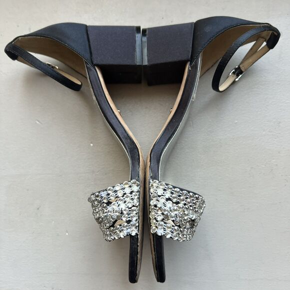 Badgley Mischka Black Fabric w/ Crystal Embellishments & Block Heel Sandals US 7 - Picture 5 of 16